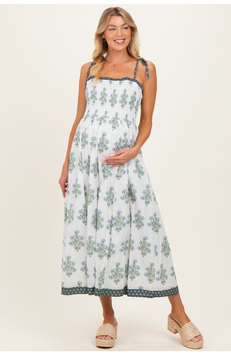 PinkBlush White Floral Smocked Shoulder Tie Maxi Dress, Alternate, color, White