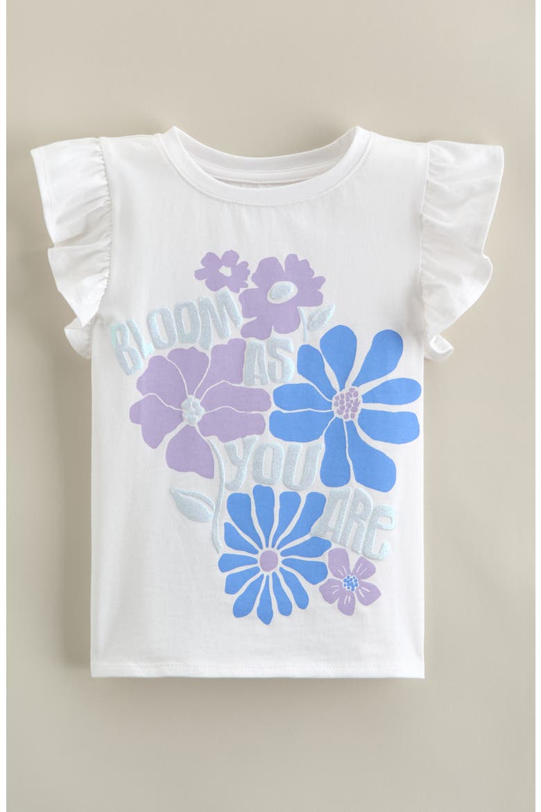 Kids' Flutter Sleeve Cotton Graphic T-Shirt, Main, color, WHITE GLITTER BLOOM