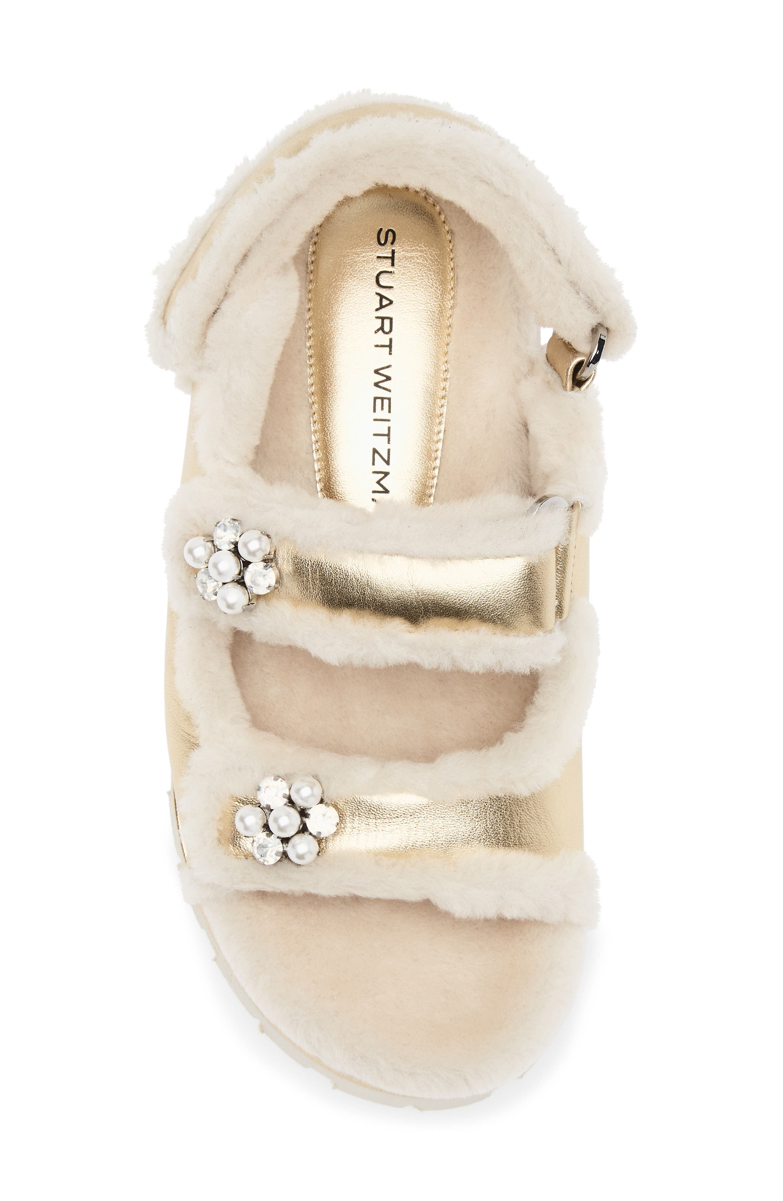 Stuart Weitzman Wynter Genuine Shearling Sandal, Alternate, color, Golden/ Cream