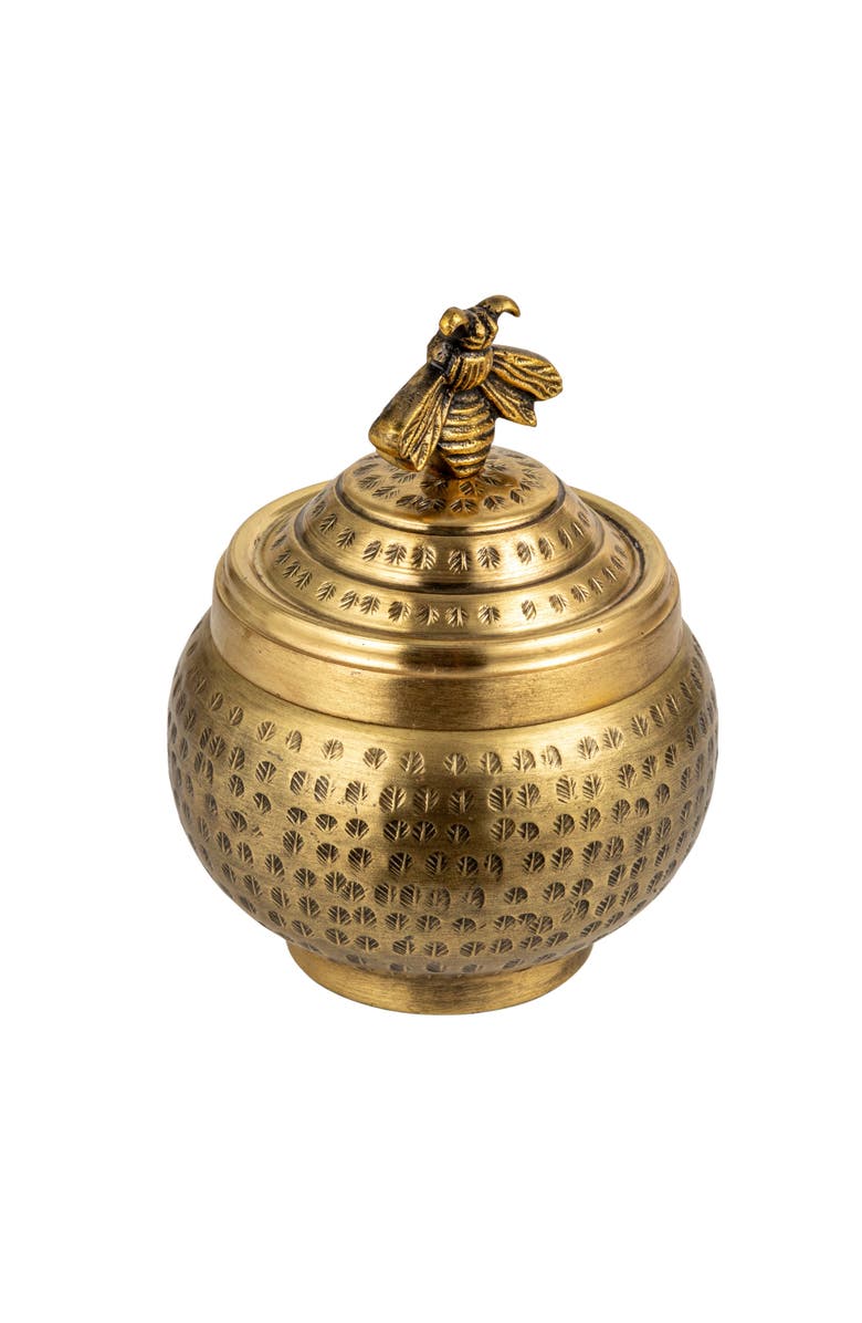 Storied Home Round Hammered Metal Container with Bee Finial, Brass Finish, Main, color, Gold