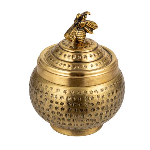 Round Hammered Metal Container with Bee Finial, Brass Finish