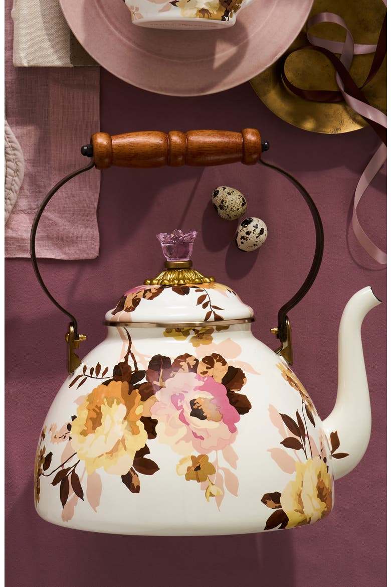 Wild Rose Enameled Steel 3-Quart Tea Kettle, Alternate, color, WHITE