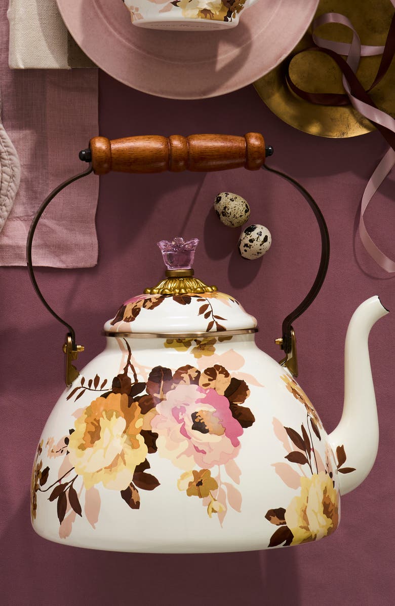 MACKENZIE CHILDS Wild Rose Enameled Steel 3-Quart Tea Kettle, Alternate, color, White
