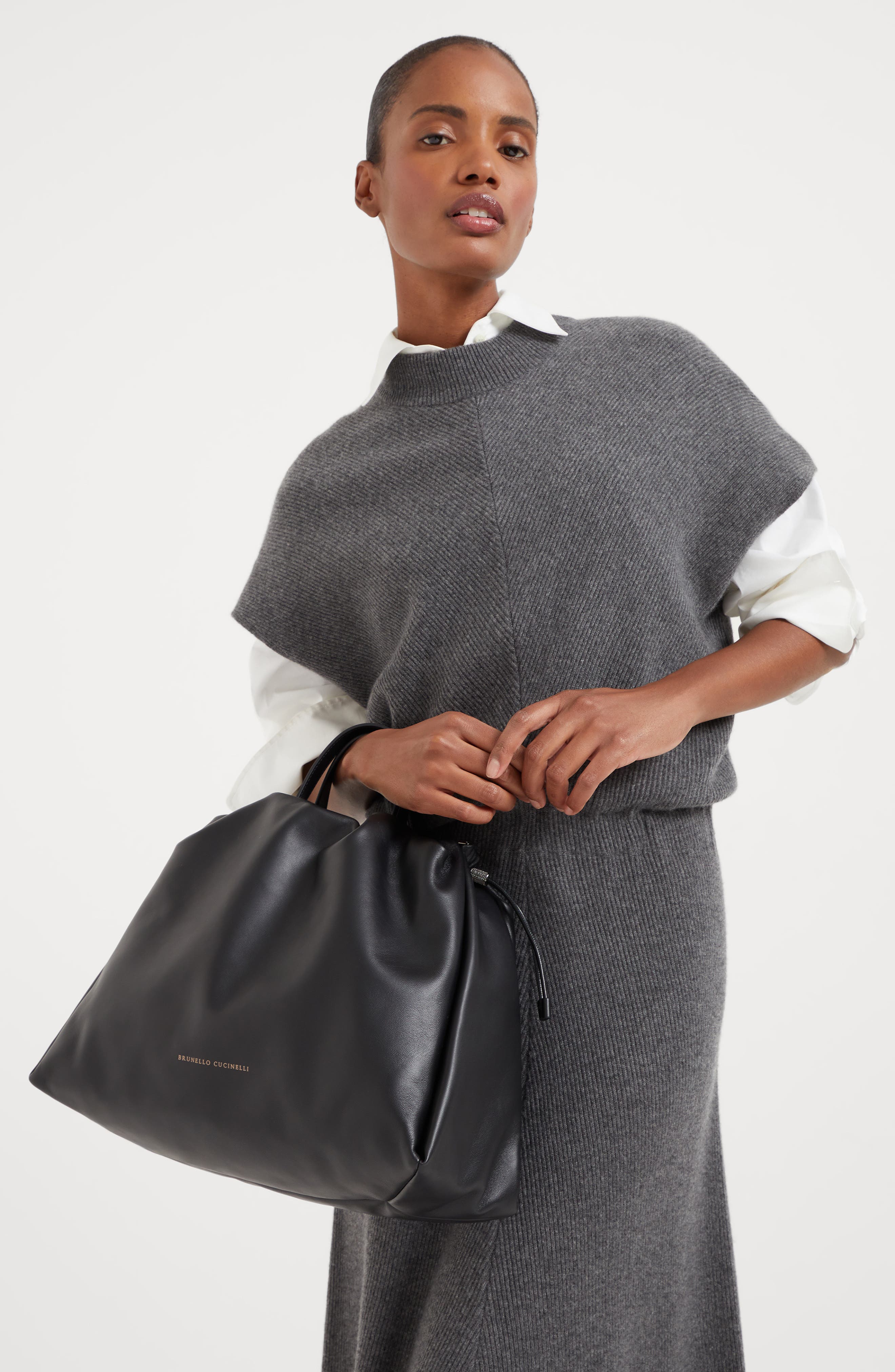 Brunello Cucinelli Soft leather large bucket bag with monili, Alternate, color, 