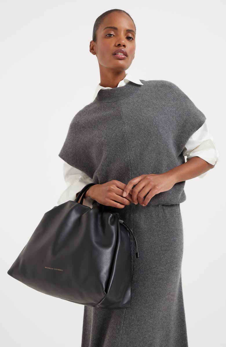 Brunello Cucinelli Soft leather large bucket bag with monili, Alternate, color,