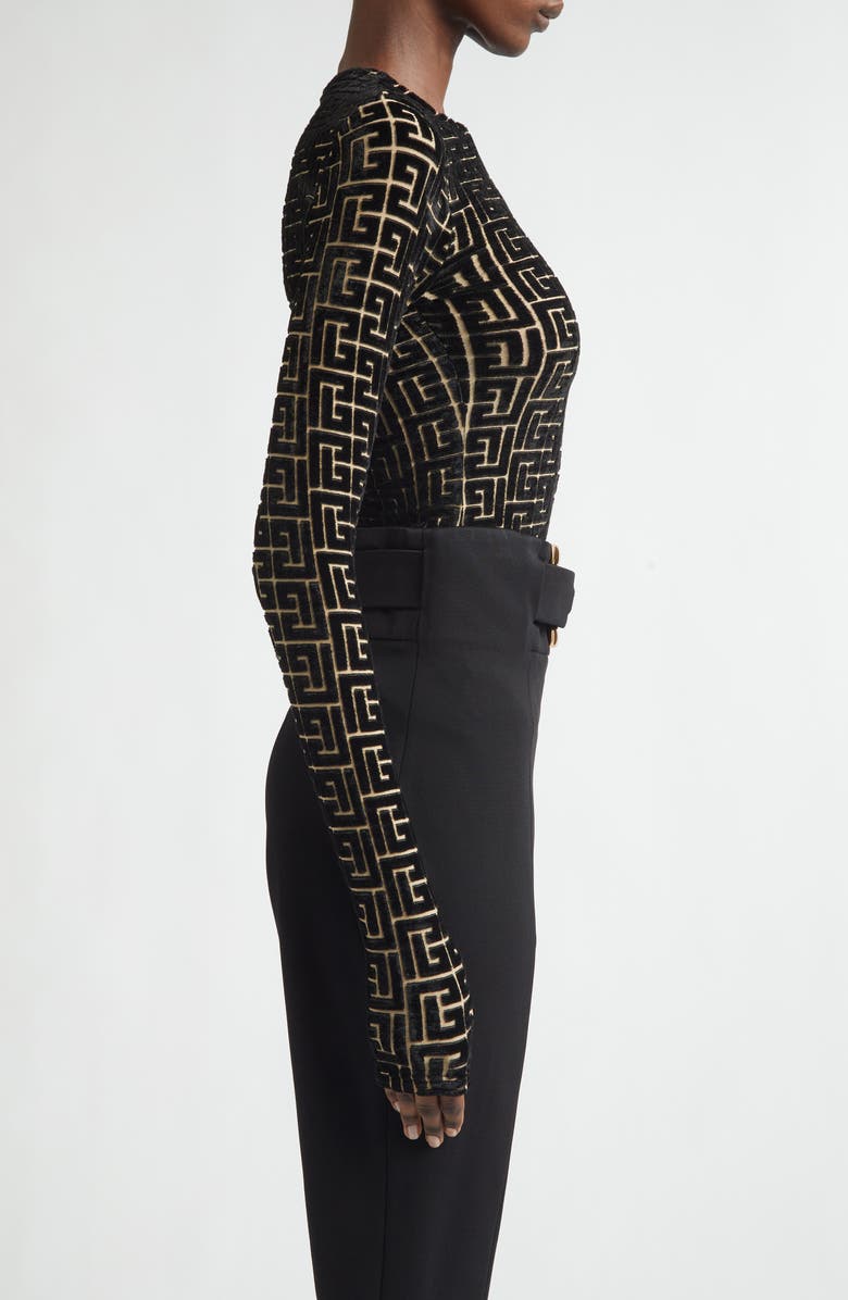 Balmain Monogram Jacquard Devoré Velvet Top, Alternate, color, Ead Black/ Gold