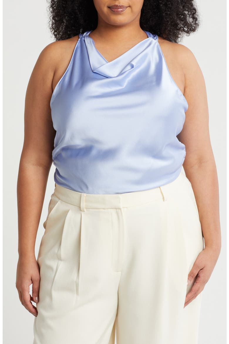 Open Back Ruched Sleeveless Satin Top, Main, color, BLUE