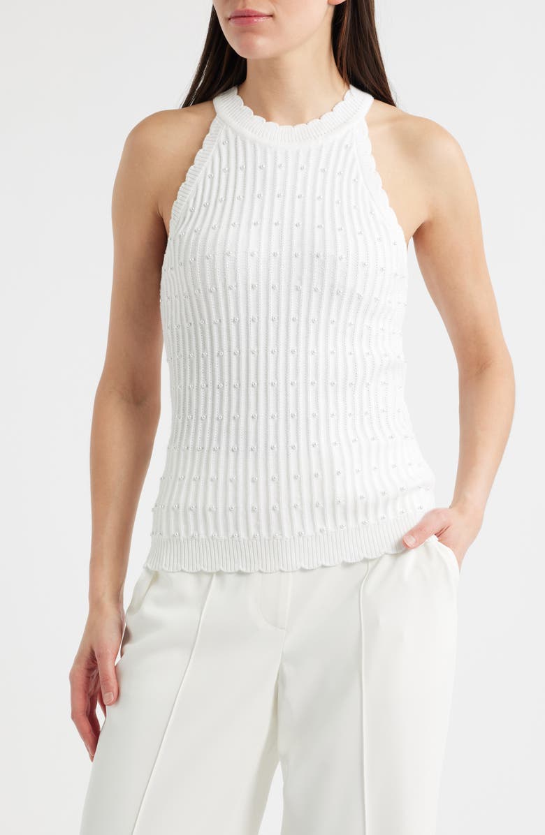 Elie Tahari The Lima Faux Pearl Embellished Rib Halter Neck Sweater, Main, color, 