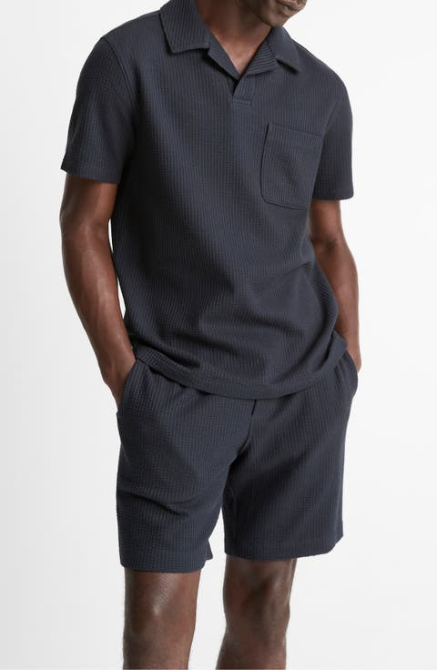Stretch Cotton Seersucker Johnny Collar Polo