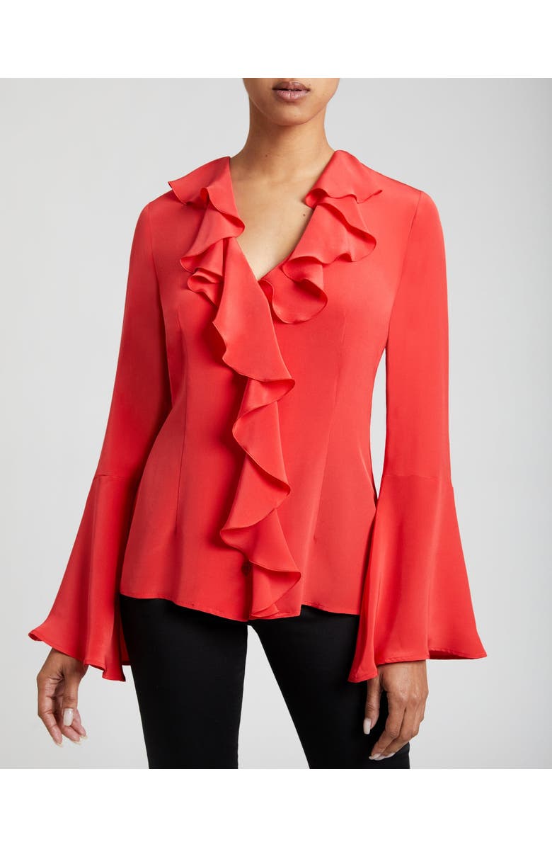Santorelli Sydney Long Sleeve Ruffle Neck Silk Blouse, Alternate, color, 