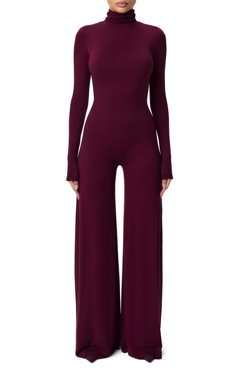 Naked Wardrobe Sculpt Turtleneck Wide Leg Jumpsuit, Main, color, Dark Plum