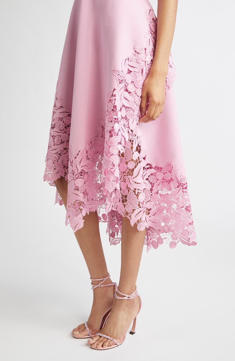 Oscar de la Renta Cherry Blossom Guipure Lace Trim Belted Midi Dress, Alternate, color, Lily