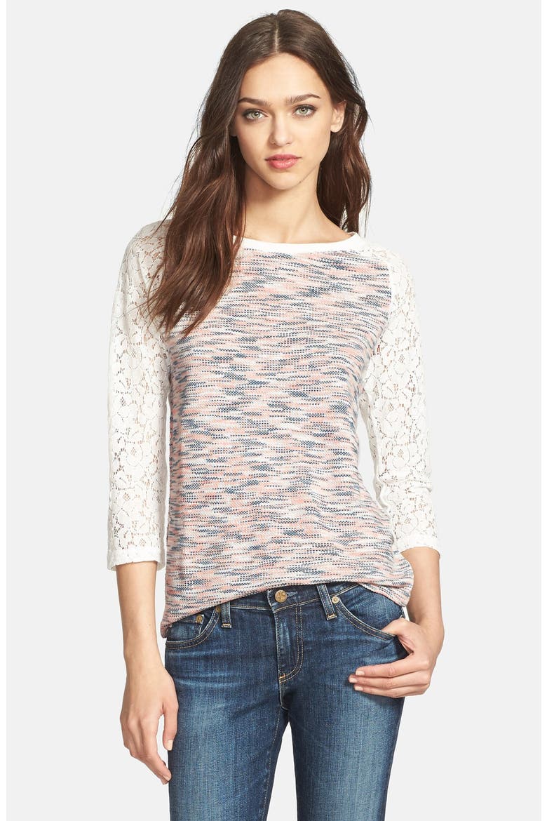 Hinge® Lace Sleeve Tee, Main, color, PINK SALMON