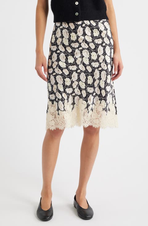 Elowette Floral Lace Hem Silk Skirt