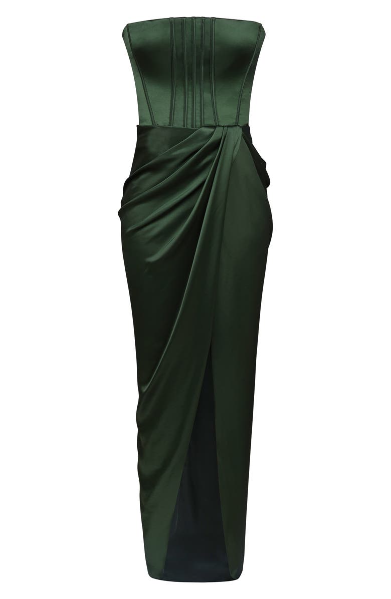 HOUSE OF CB Carelle Lace-Up Strapless Satin Sheath Cocktail Dress, Alternate, color, Forest Green