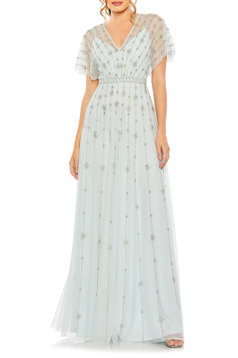 Women's V Neck Embellished Flutter Sleeve A Line Gown, Main, color, MIST