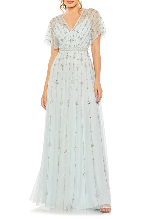Women's V Neck Embellished Flutter Sleeve A Line Gown