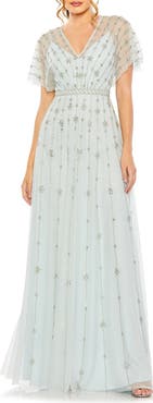 Mac Duggal Women's V Neck Embellished Flutter Sleeve A Line Gown
