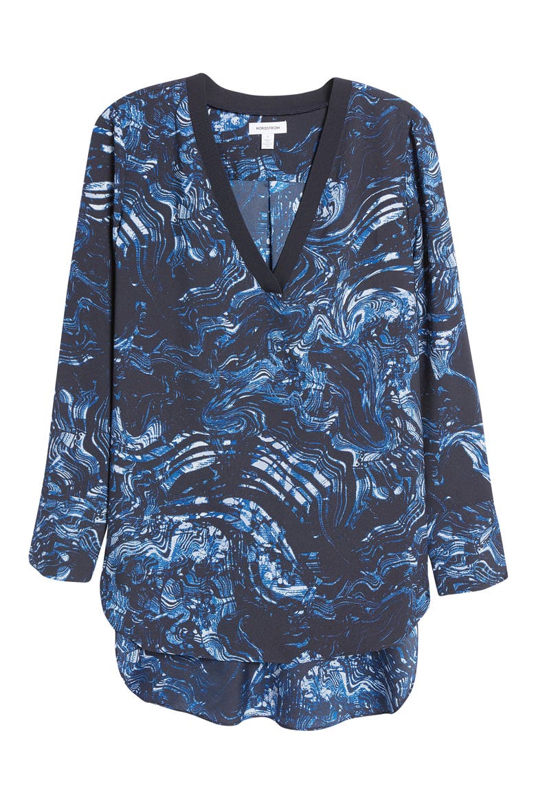 Rib Trim Woven Top, Alternate, color, NAVY- BLUE WOODLAND MARBLE