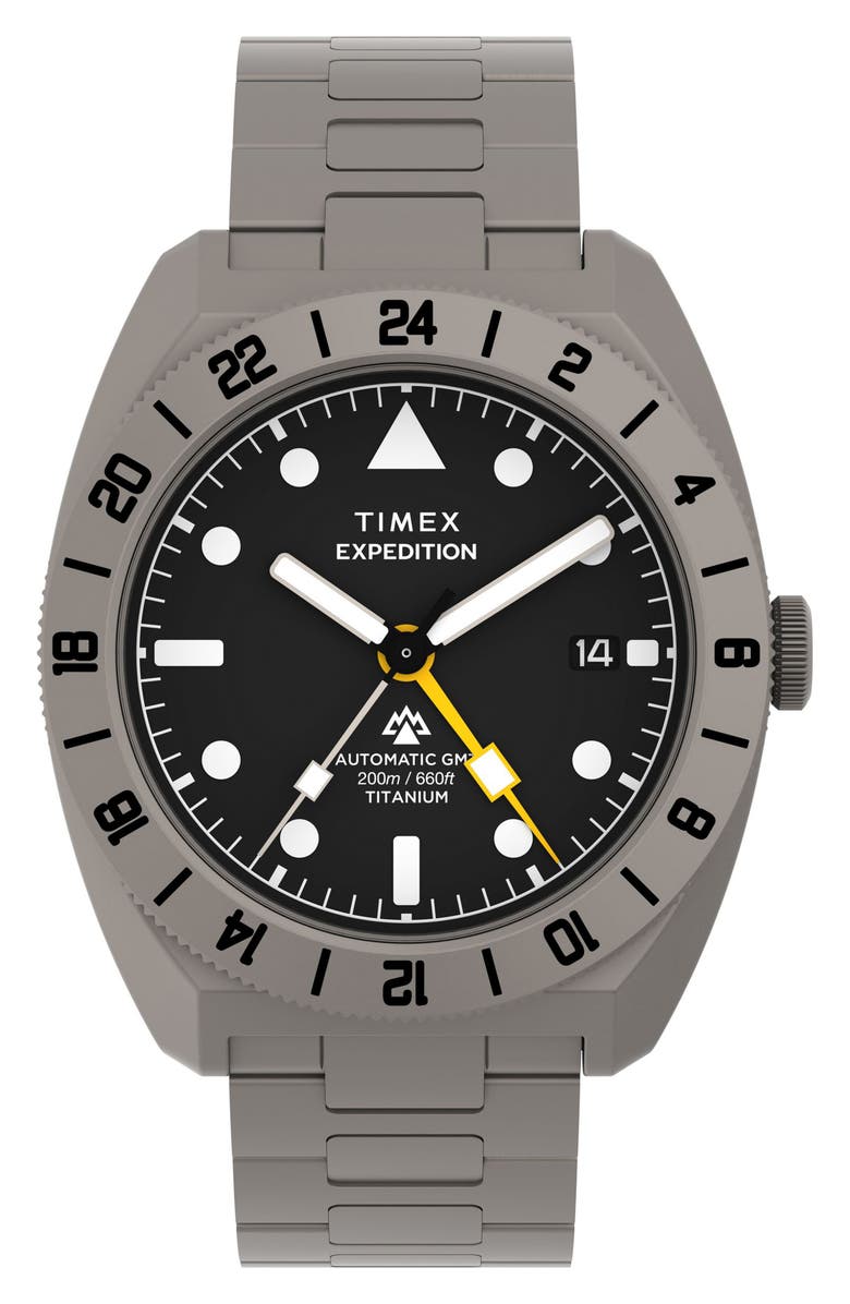 Timex<sup>®</sup> Expedition Pioneer Titanium GMT Automatic Bracelet Watch, 41mm, Main, color, Titanium