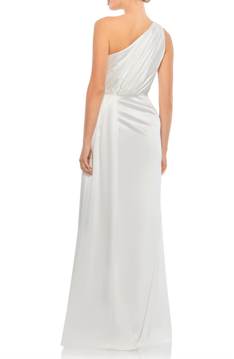 Mac Duggal Gathered One Shoulder Satin Faux Wrap Gown, Alternate, color, White