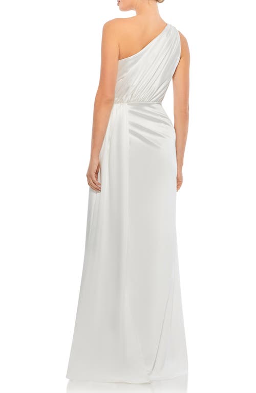 Mac Duggal Gathered One Shoulder Satin Faux Wrap Gown In White