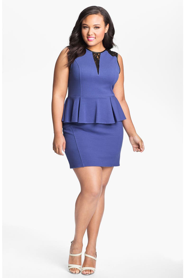 Lace Inset Peplum Sheath Dress, Main, color, CORNFLOWER