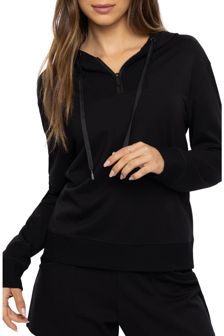 Friday Ponte Half Zip Hoodie, Main, color, BLACK