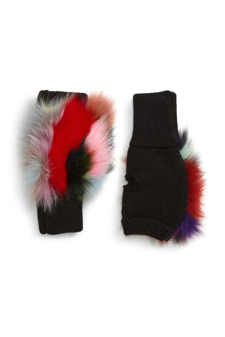 Insomniac Knit & Genuine Fox Fur Open Finger Mittens, Main, color, RAINBOW