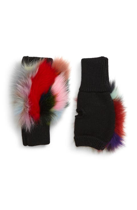 Insomniac Knit & Genuine Fox Fur Open Finger Mittens