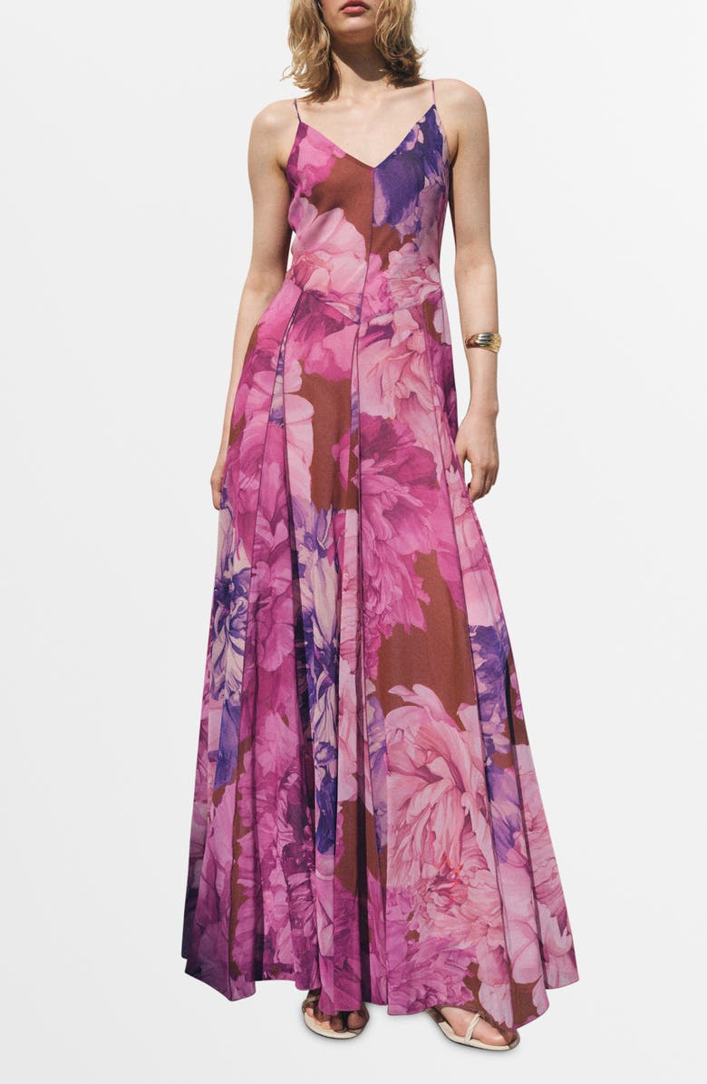 MANGO Floral Print Sleeveless Godet Maxi Dress, Main, color, Purple
