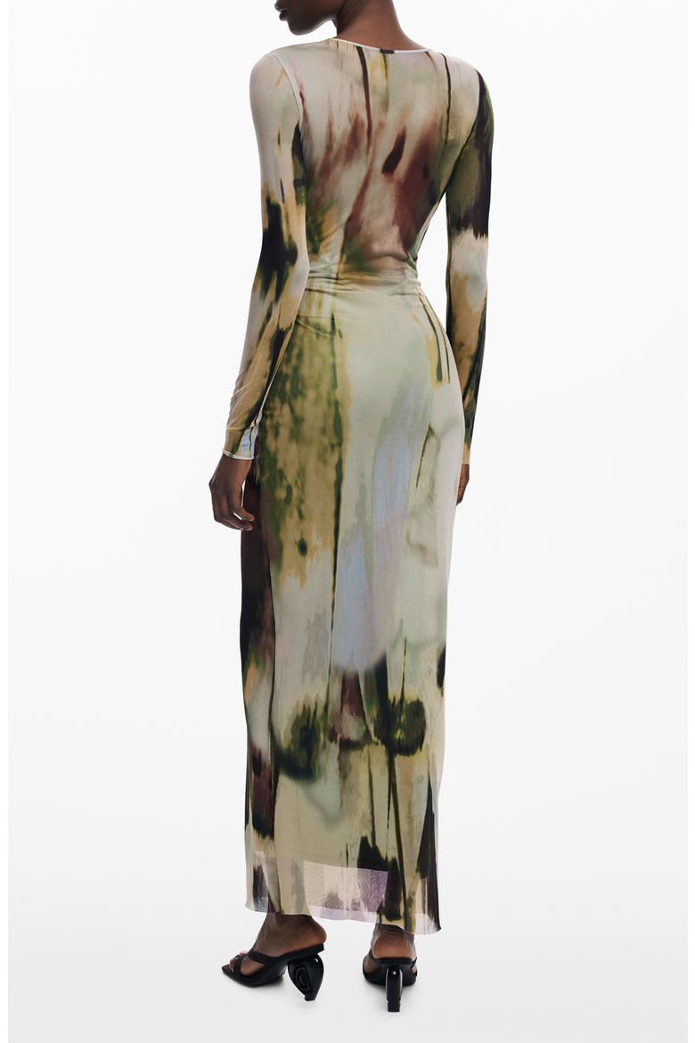 Print Mesh Long Sleeve Maxi Dress, Alternate, color, MILITARY GREEN