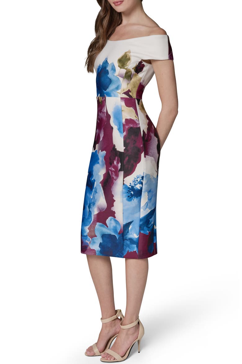 Floral Off the Shoulder Sheath Dress, Alternate, color, SANGRIA/ MA