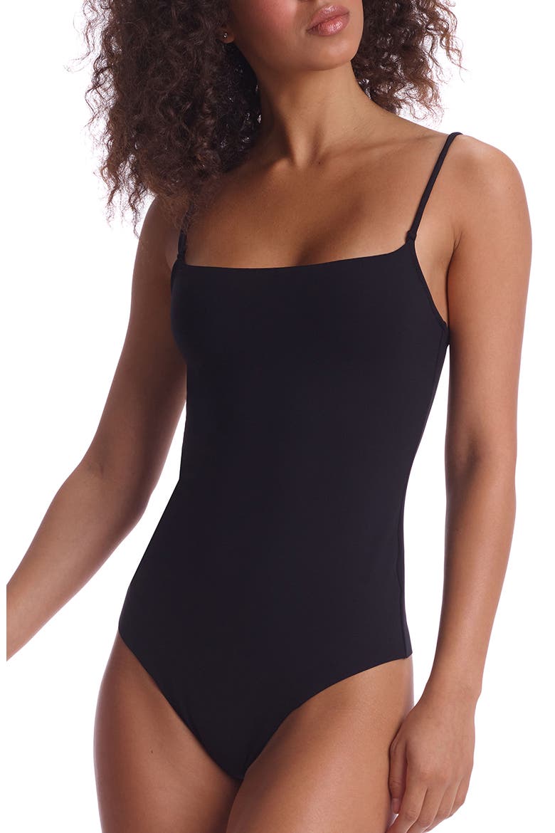 Stretch Neoprene Camisole Thong Bodysuit, Main, color, BLACK