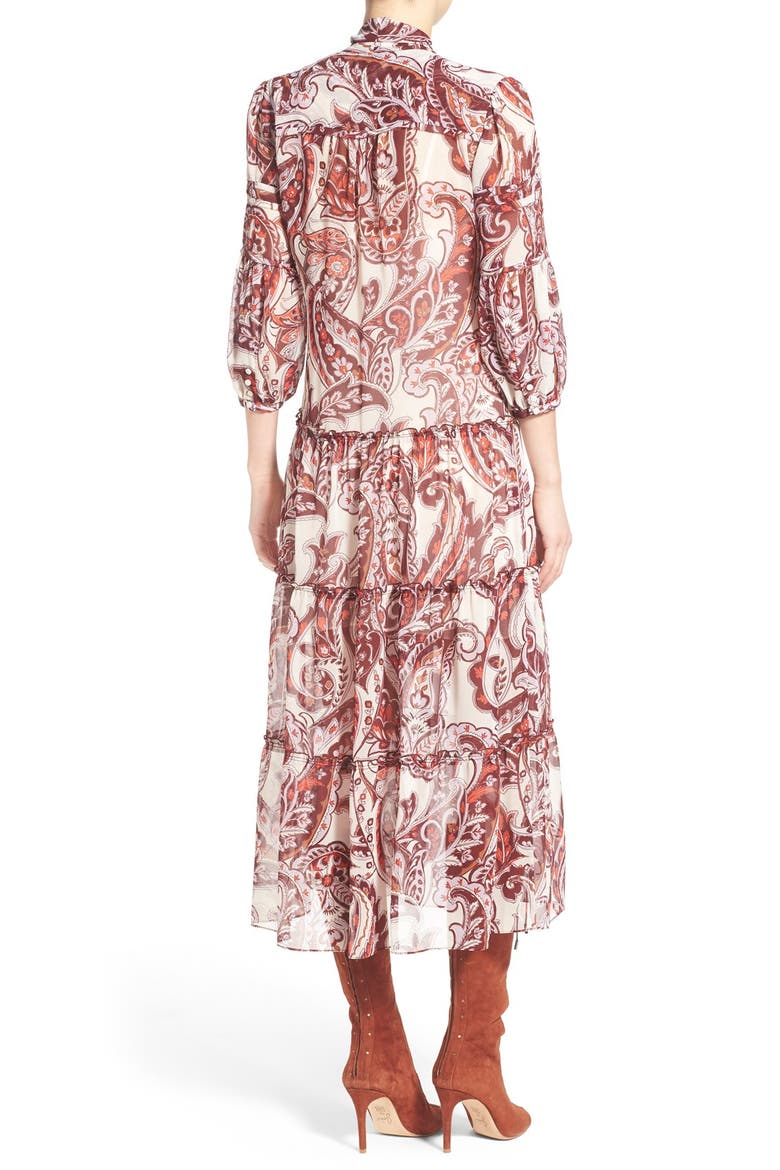 Tie Neck Peasant Midi Dress, Alternate, color, IVORY EGGNOG PAISLEY