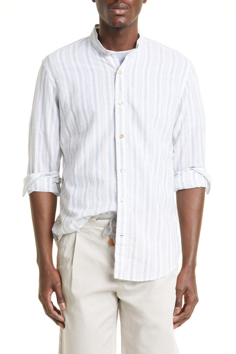 Stripe Mandarin Collar Cotton & Linen Shirt, Main, color, BLUE