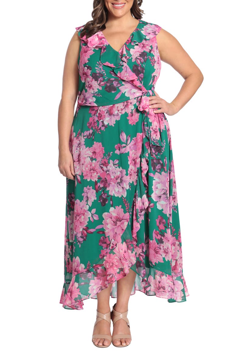 Chiffon Ruffle Dress, Main, color, GREEN/ PINK