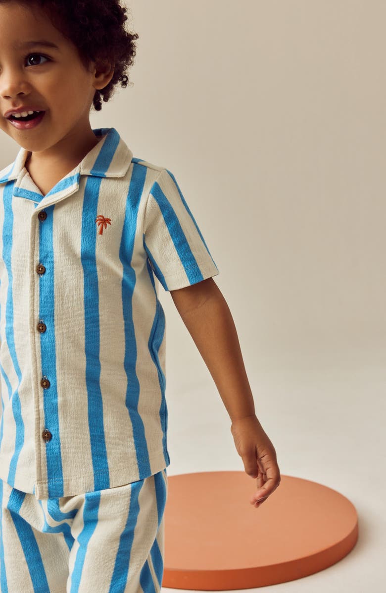 NEXT Kids' Stripe Knit Cotton Blend Camp Shirt & Drawstring Shorts Set, Alternate, color, Blue/White