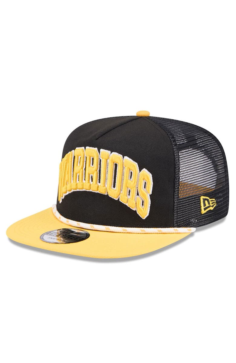 New Era Men's New Era Black/Gold Golden State Warriors Throwback Team Arch Golfer Snapback Hat, Alternate, color, 