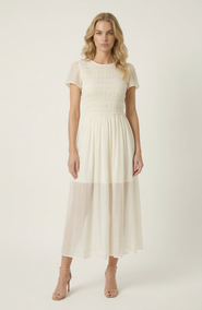 Modenaire Sheer Overlay Midi Dress with Smocked Bodice