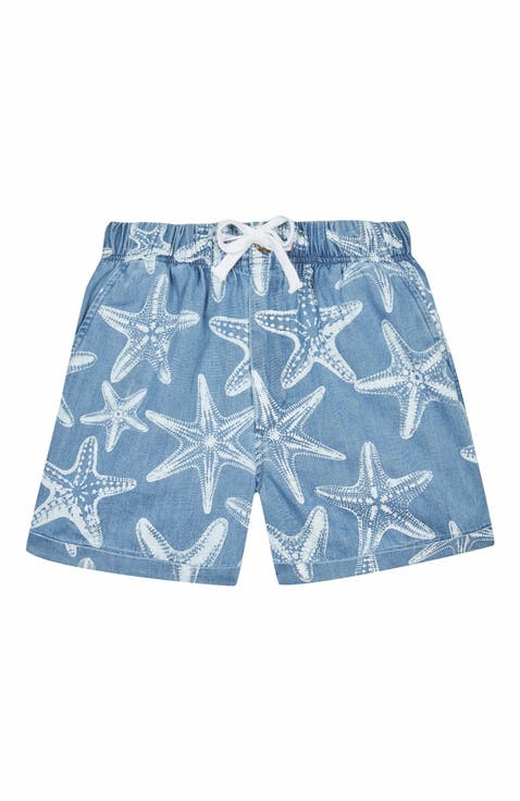 Kids' Light Denim Printed Starfish Bermuda Shorts