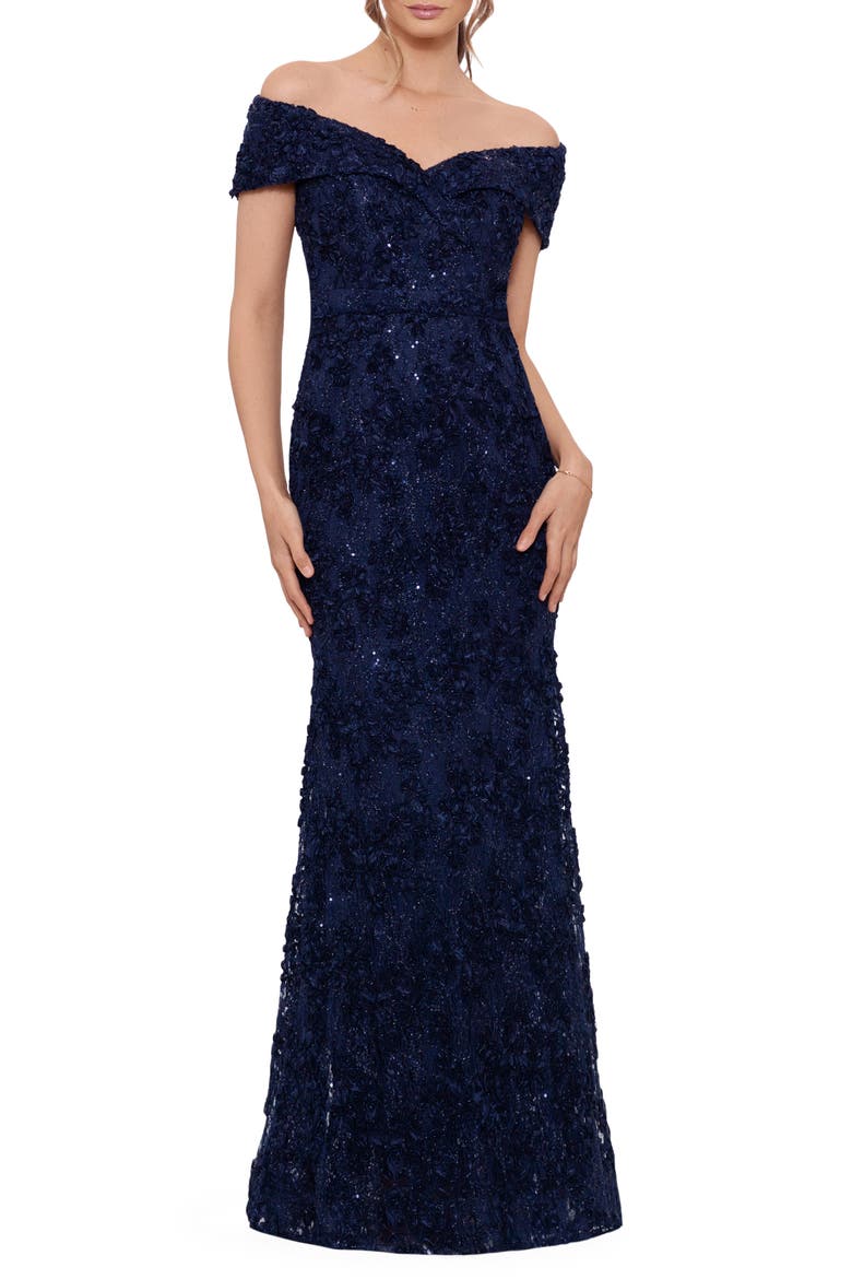 Off the Shoulder Embroidered Gown, Main, color, NAVY