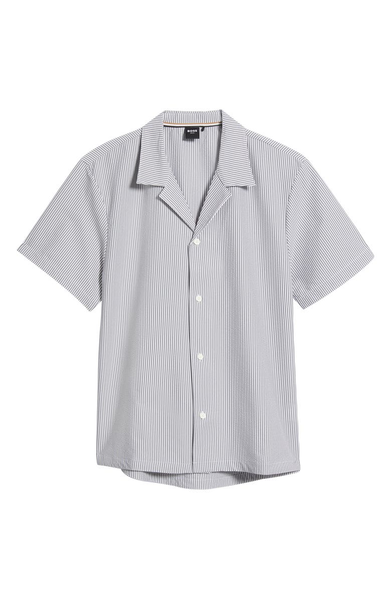 BOSS Velvetfish Stripe Seersucker Camp Shirt, Alternate, color, Navy