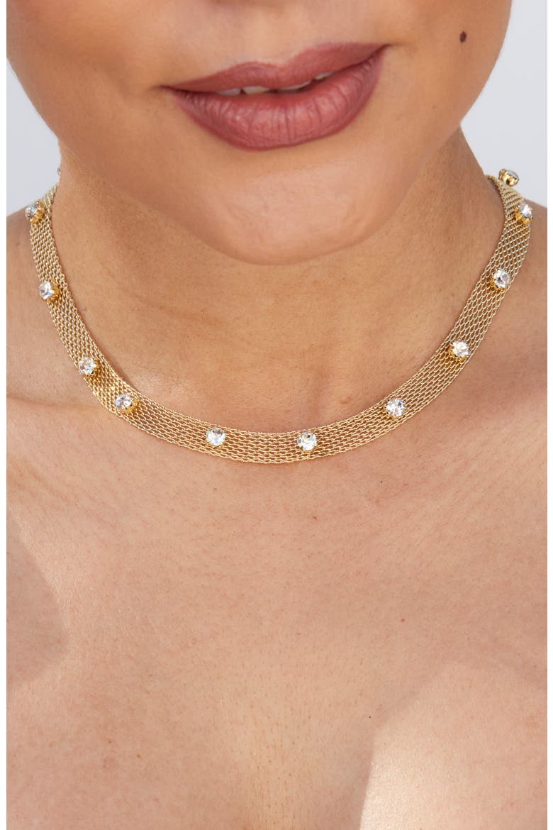 Cubic Zirconia Station Mesh Chain Necklace, Alternate, color, GOLD