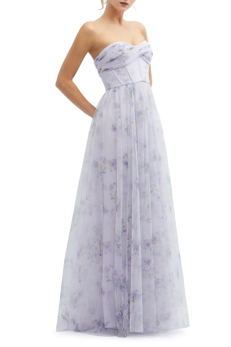 Floral Print Strapless Tulle, Alternate, color, LILAC HAZE GARDEN