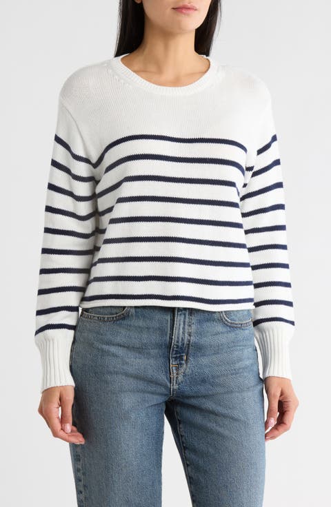 Stripe Boxy Crop Cotton Blend Sweater