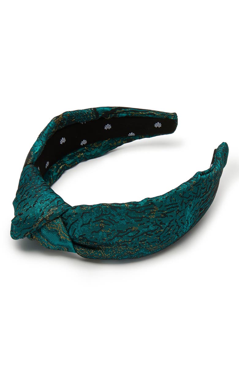 Lele Sadoughi Metallic Knotted Brocade Headband, Main, color, Jade