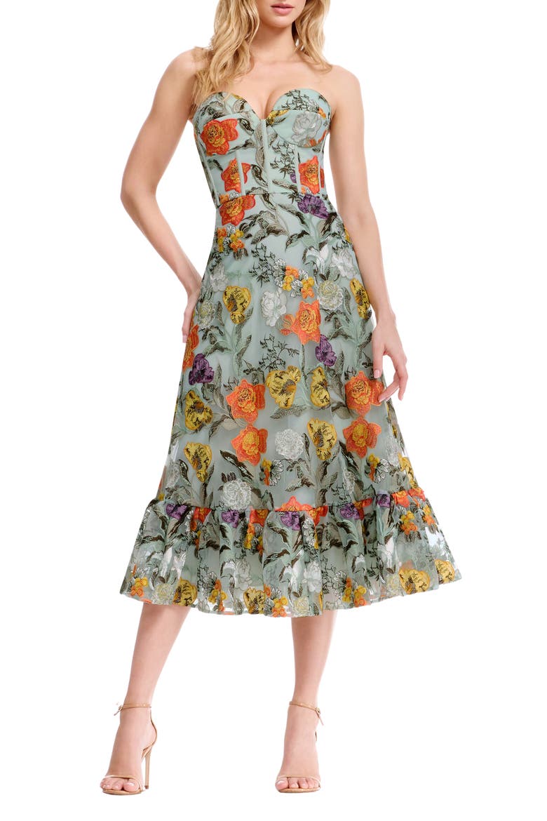 Carina Floral Embroidered Strapless Cocktail Dress, Main, color, SAGE MULTI