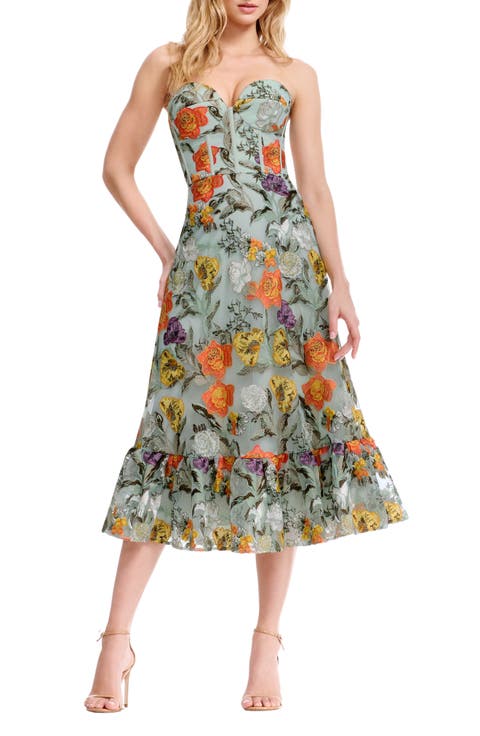Carina Floral Embroidered Strapless Cocktail Dress