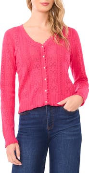CeCe Pointelle Stitch Bow Cotton Cardigan
